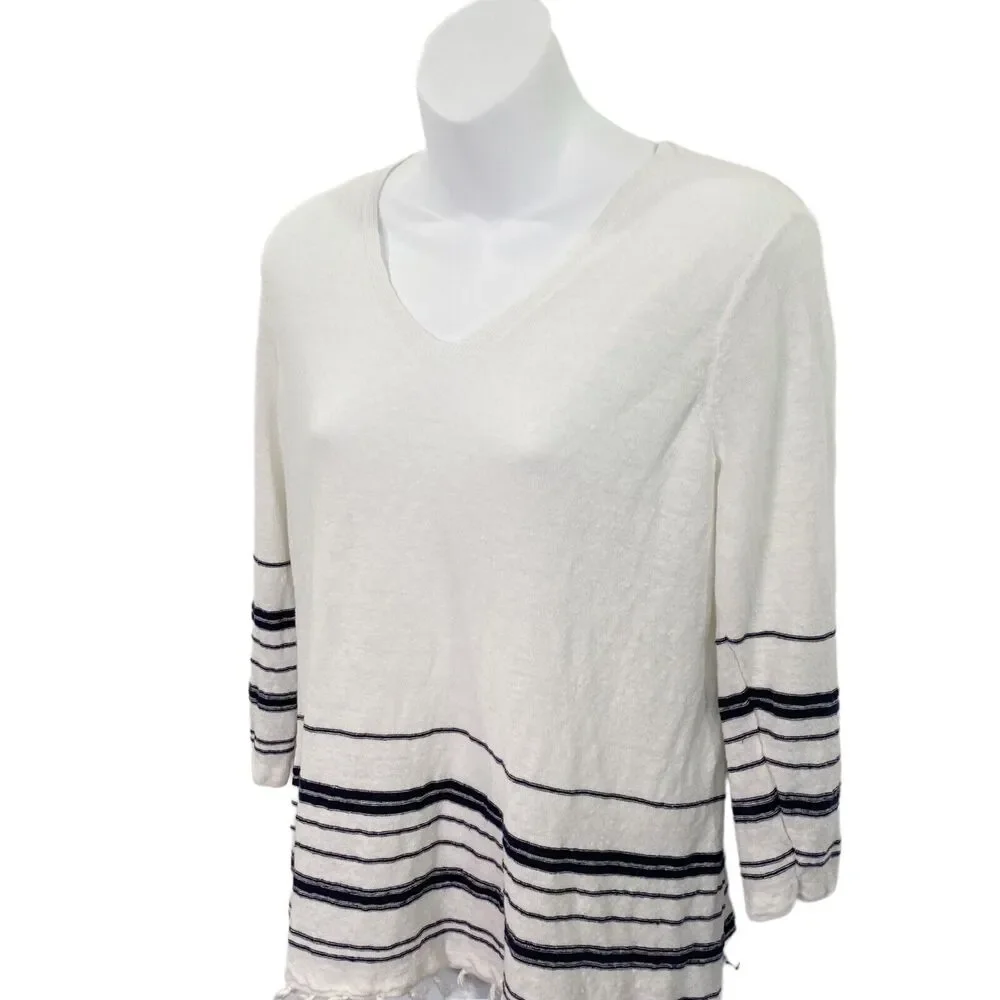 Talbots Petite Womens Linen Sweater‎ Sz Mp Tasseled Hem 3/4 Sleeve White Striped